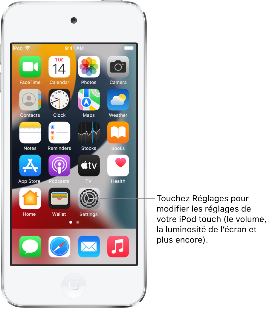 L’écran d’accueil avec plusieurs icônes d’apps, notamment l’icône de l’app Réglages, que vous pouvez toucher pour modifier le volume, la luminosité de l’écran et d’autres réglages de votre iPod touch.