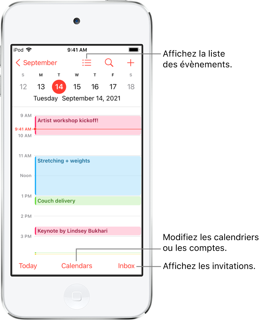Un calendrier en présentation par jour montrant les évènements du jour. Le bouton Calendriers en bas de l’écran permet de changer de compte de calendrier. Le bouton Réception en bas à droite permet d’afficher les invitations.