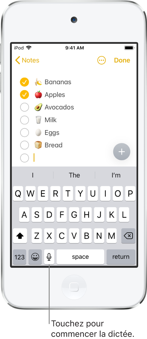 Le clavier à l’écran affichant la touche Dictée à gauche de la barre d’espace. Vous pouvez la toucher pour commencer à dicter du texte.