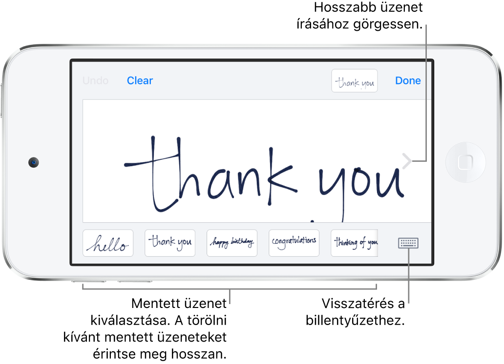 A kézíráshoz használható képernyő egy kézzel írott üzenettel. A képernyő alján balról jobbra az elmentett üzenetek láthatók, továbbá a Billentyűzet megjelenítése gomb.