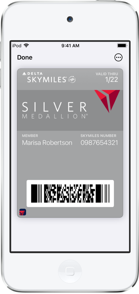Beszállókártya a Wallet appban a járatra vonatkozó információkkal, alul pedig a QR-kóddal.