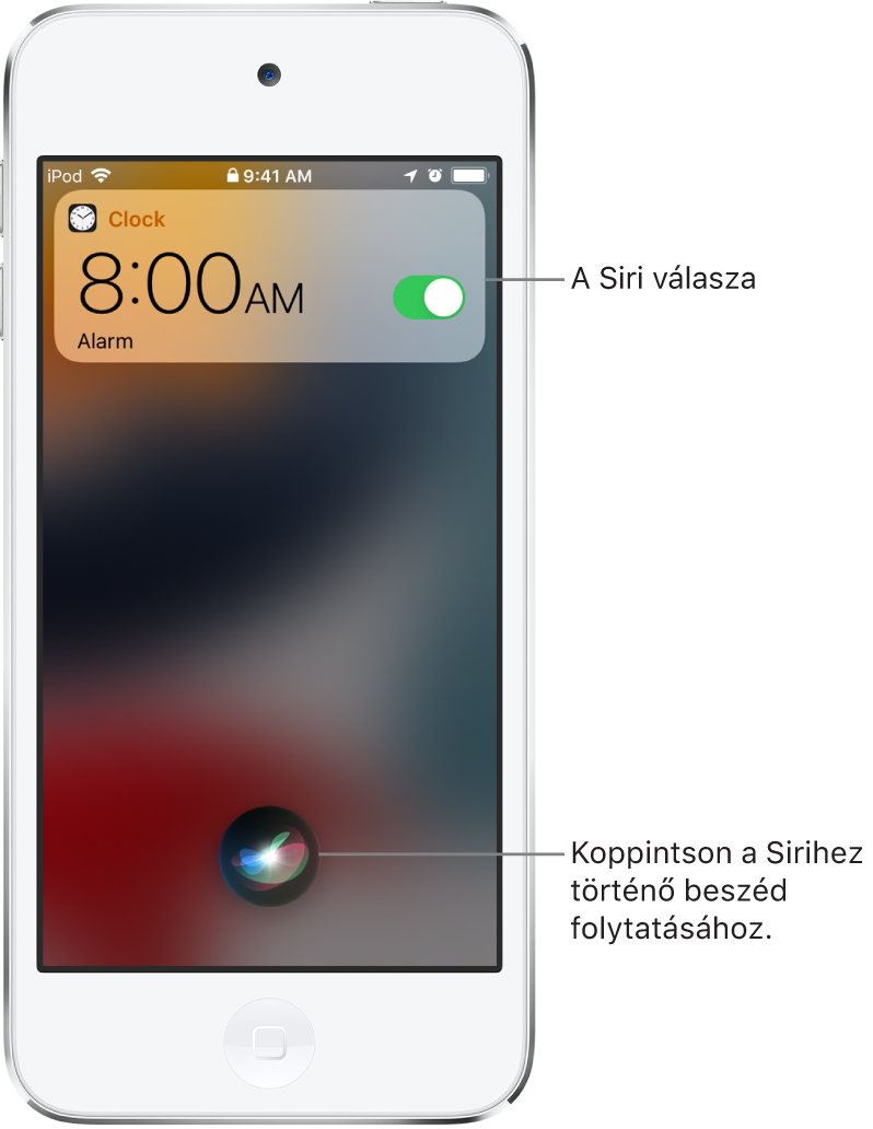 A Siri a zárolási képernyőn. Az Óra app értesítése azt jelzi, hogy be lett állítva egy ébresztés reggel 8 órára. A képernyő aljának közepén lévő gombbal tovább beszélhet a Sirihez.