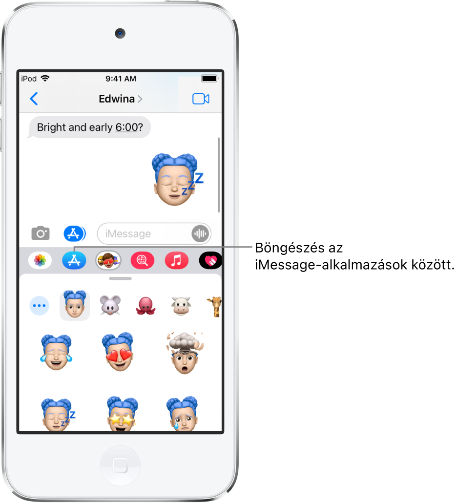 Beszélgetés az Üzenetek appban, ahol az iMessage Appböngésző gombja van kijelölve. A megnyitott app fiókjában szmájlis matricák láthatók.