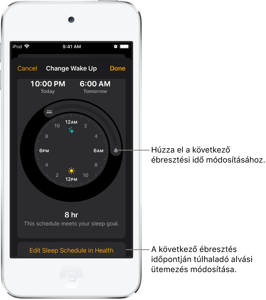 A következő napi ébresztés módosításának képernyője. A gombok elhúzásával módosíthatja az alvásidőt és az ébresztési időt, egy másik gombbal pedig módosíthatja az alvási ütemezést az Egészség appban.