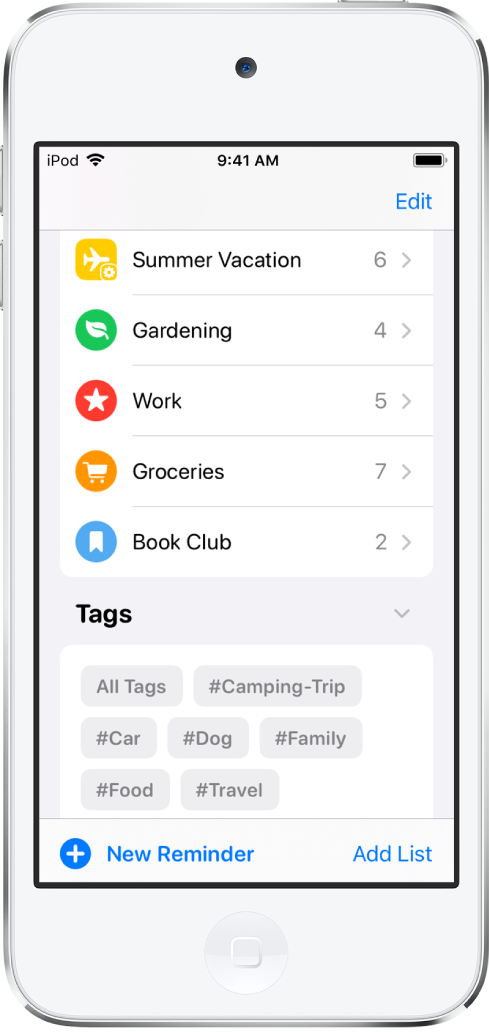 A képernyőn számos különböző lista látható az Emlékeztetők appban. A Címkeböngésző a képernyő alján jelenik meg.