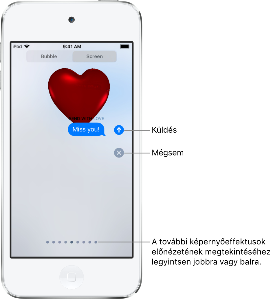 Egy üzenet előnézete piros szívet megjelenítő teljes képernyős effektussal.