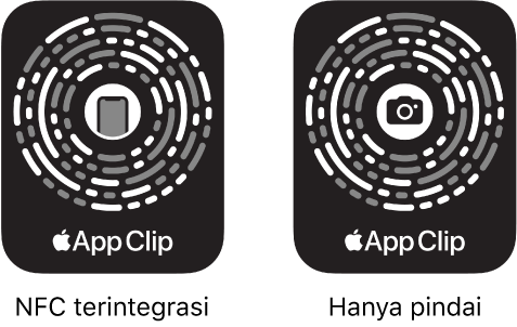 Di sebelah kiri, Kode Cuplikan App terintegrasi NFC dengan ikon iPhone di pusatnnya. Di sebelah kanan, Kode Cuplikan App hanya pindai dengan ikon kamera di pusatnnya.