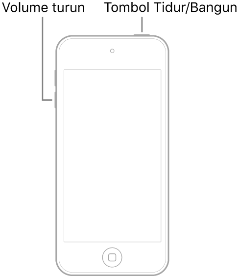 Ilustrasi iPod touch dengan layar menghadap ke atas. Tombol Tidur/Bangun ditampilkan di bagian atas perangkat, dan tombol volume turun ditampilkan di sisi kiri perangkat.