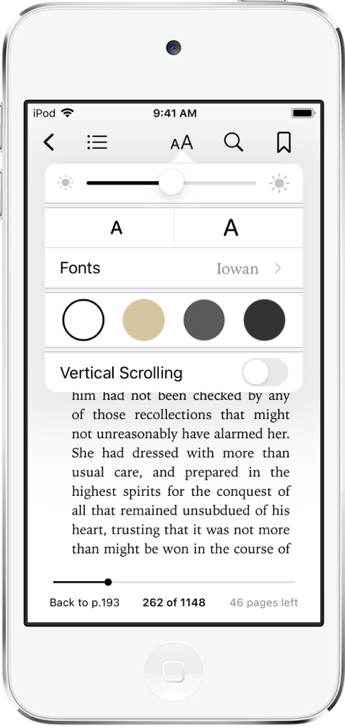 Menu tampilan menampilkan kontrol untuk, dari atas ke bawah, kecerahan, ukuran font, font, warna halaman, dan tampilan gulir.