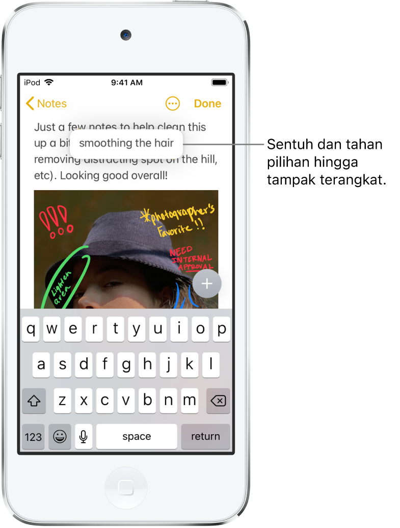 Di catatan di app Catatan, frasa yang dipilih muncul sebagai hasil dari tindakan sentuh dan tahan yang dilakukan pengguna.