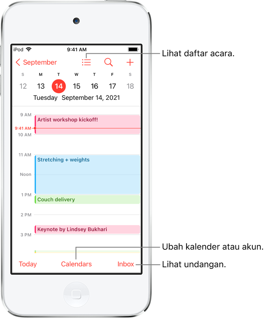 Kalender dalam tampilan hari menampilkan acara pada hari itu. Tombol Kalender di bagian bawah layar memungkinkan Anda untuk mengubah akun kalender. Tombol Inbox di kanan bawah memungkinkan Anda untuk melihat undangan.
