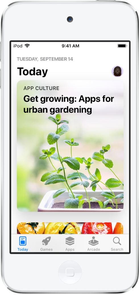 Layar Hari Ini dari App Store menampilkan tulisan dan unggulan. Gambar profil Anda ada di kanan atas. Di sepanjang bagian bawah, dari kiri ke kanan, terdapat tab Hari Ini, Game, App, Arcade, dan Cari.