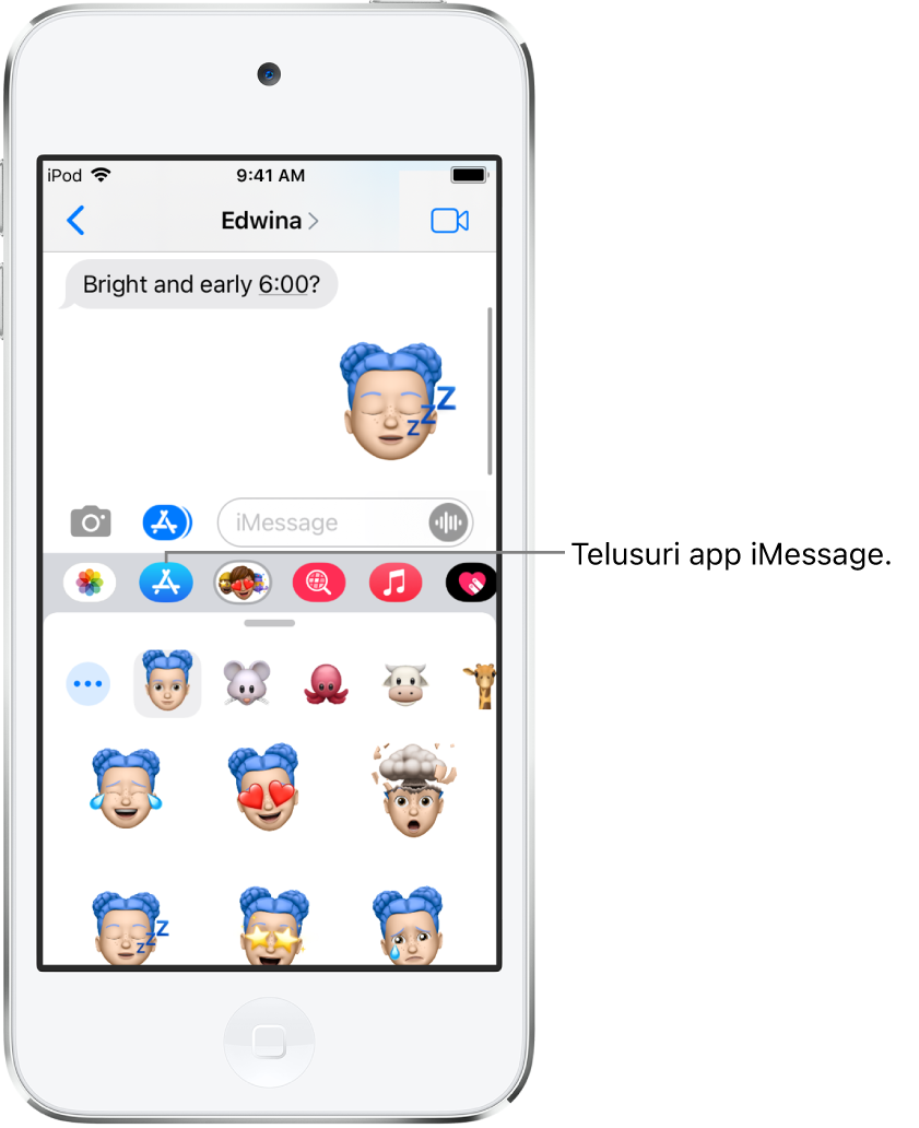 Percakapan Pesan, dengan tombol Browser App iMessage dipilih. Rak app terbuka menampilkan stiker smiley.