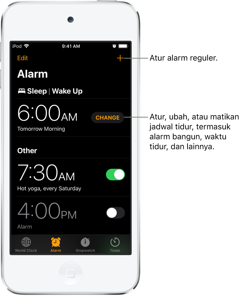 Tab Alarm, menampilkan tiga alarm yang diatur untuk berbagai waktu, tombol untuk mengatur alarm reguler di kanan atas, alarm Bangun dengan tombol untuk mengubah jadwal tidur di app Kesehatan.