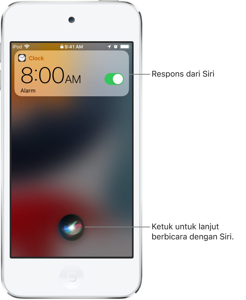 Siri di Layar Terkunci. Pemberitahuan dari app Jam memperlihatkan bahwa alarm dinyalakan untuk pukul 08.00. Tombol di tengah bawah layar digunakan untuk melanjutkan berbicara dengan Siri.