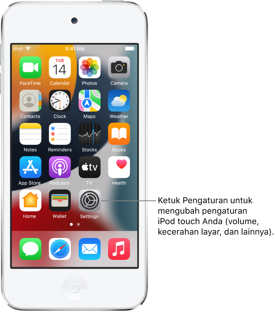 Layar Utama dengan beberapa ikon app, meliputi ikon app Pengaturan, yang dapat Anda ketuk untuk mengubah volume bunyi, kecerahan layar iPod touch Anda, dan lainnya.