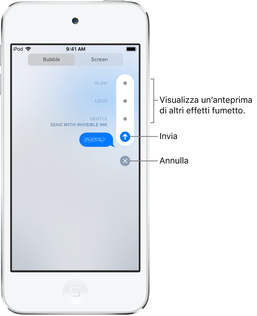 L'anteprima di un messaggio con l'effetto inchiostro magico. Sul lato destro, tocca un controllo per vedere l'anteprima di altri effetti. Tocca nuovamente lo stesso controllo per inviare, oppure tocca il pulsante Annulla, in basso, per ritornare al messaggio.
