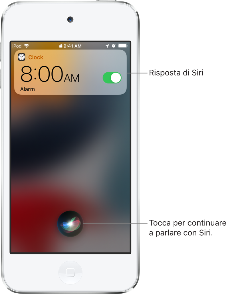 Siri sulla schermata di blocco. Una notifica dall'app Orologio mostra che è attiva una sveglia per le otto del mattino. Per continuare a parlare con Siri, viene utilizzato il pulsante al centro dello schermo, in basso.