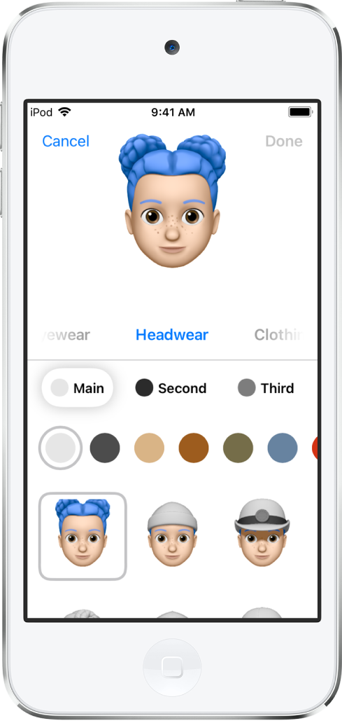 La schermata di creazione di una memoji, che mostra il personaggio in fase di creazione in alto, le caratteristiche da personalizzare sotto il personaggio e, ancora sotto, le opzioni per la caratteristica selezionata. Il pulsante Fine si trova in alto a destra e il pulsante Annulla si trova in alto a sinistra.