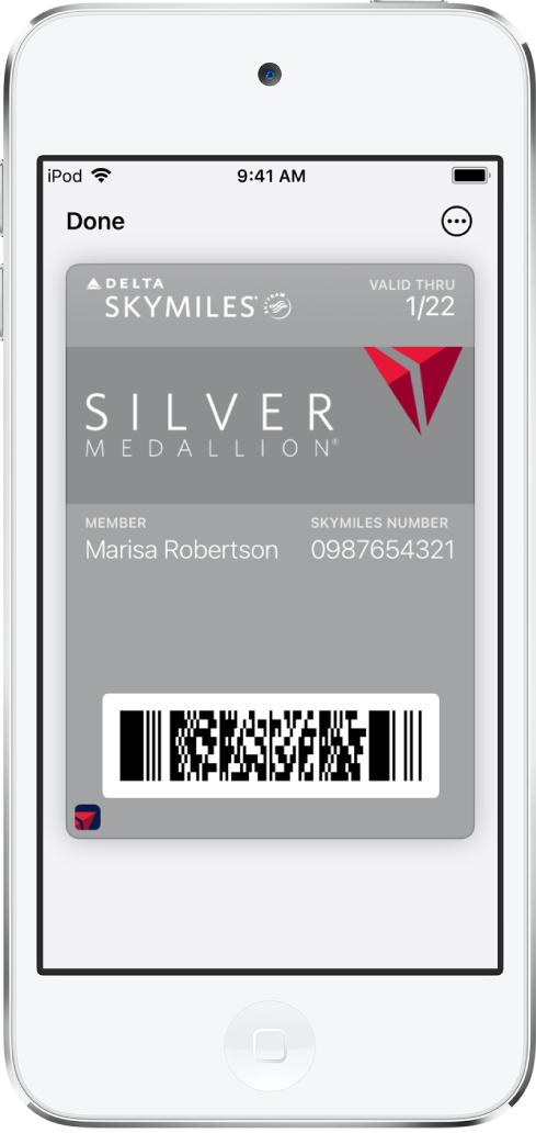 Una carta d'imbarco in Wallet con le informazioni del volo e il codice QR nella parte inferiore.