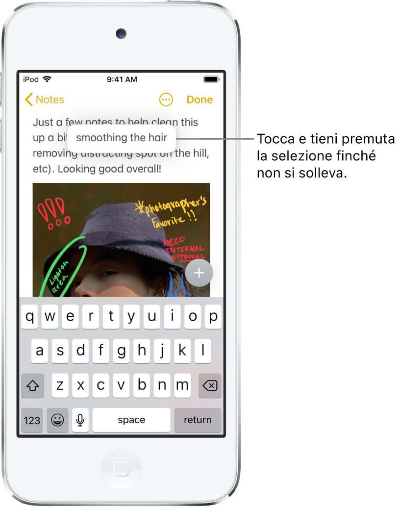 In una nota nell'app note, una frase selezionata sembra sollevarsi dopo che l'utente ha toccato e tenuto premuta la selezione.