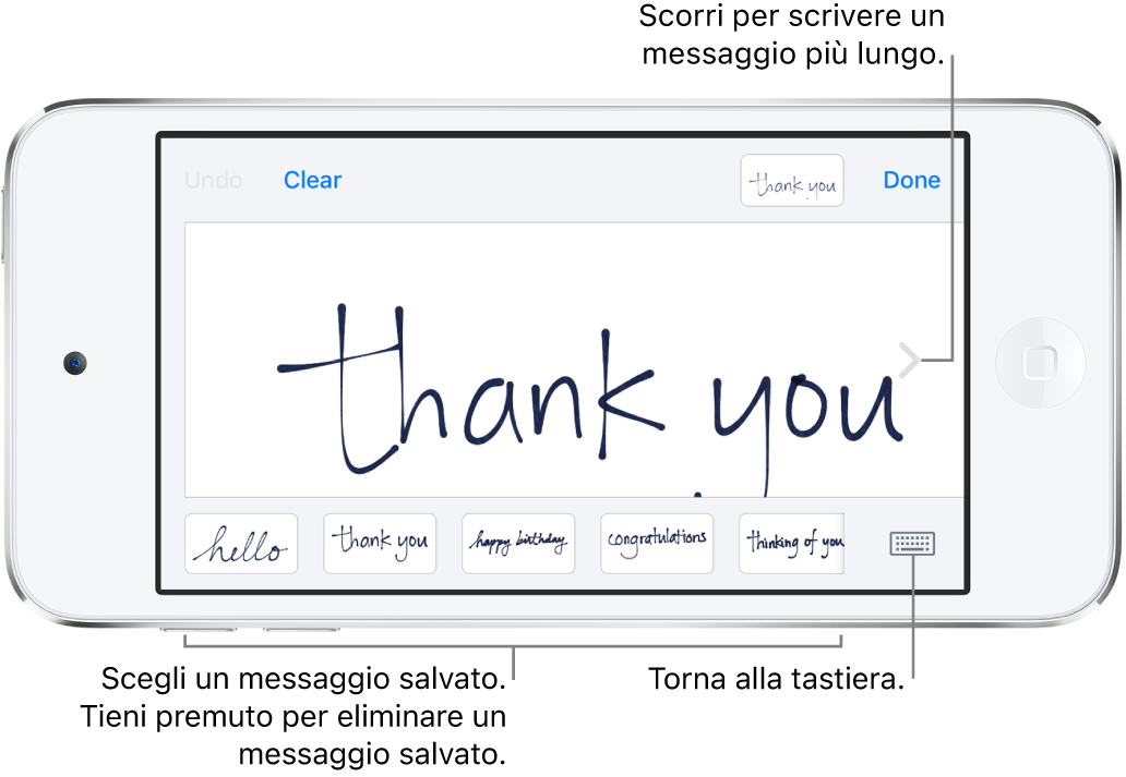 La schermata Scrittura a mano con un messaggio scritto a mano. In basso, da sinistra a destra, sono presenti i messaggi salvati e il pulsante Mostra tastiera.