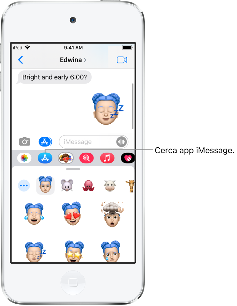 Una conversazione di Messaggi con il pulsante “Browser app di iMessage” selezionato. Il cassetto delle app è aperto e mostra gli adesivi di emoticon.