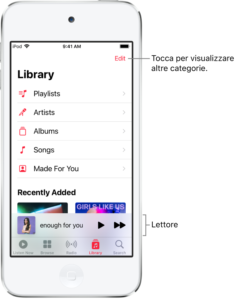 La schermata Libreria che mostra un elenco di categorie tra cui Playlist, Artisti, Album e Brani. Sotto l'elenco compare il titolo “Aggiunti di recente”. Il lettore che mostra il titolo del brano attuale e i pulsanti Riproduci e Avanti vengono visualizzati in basso.