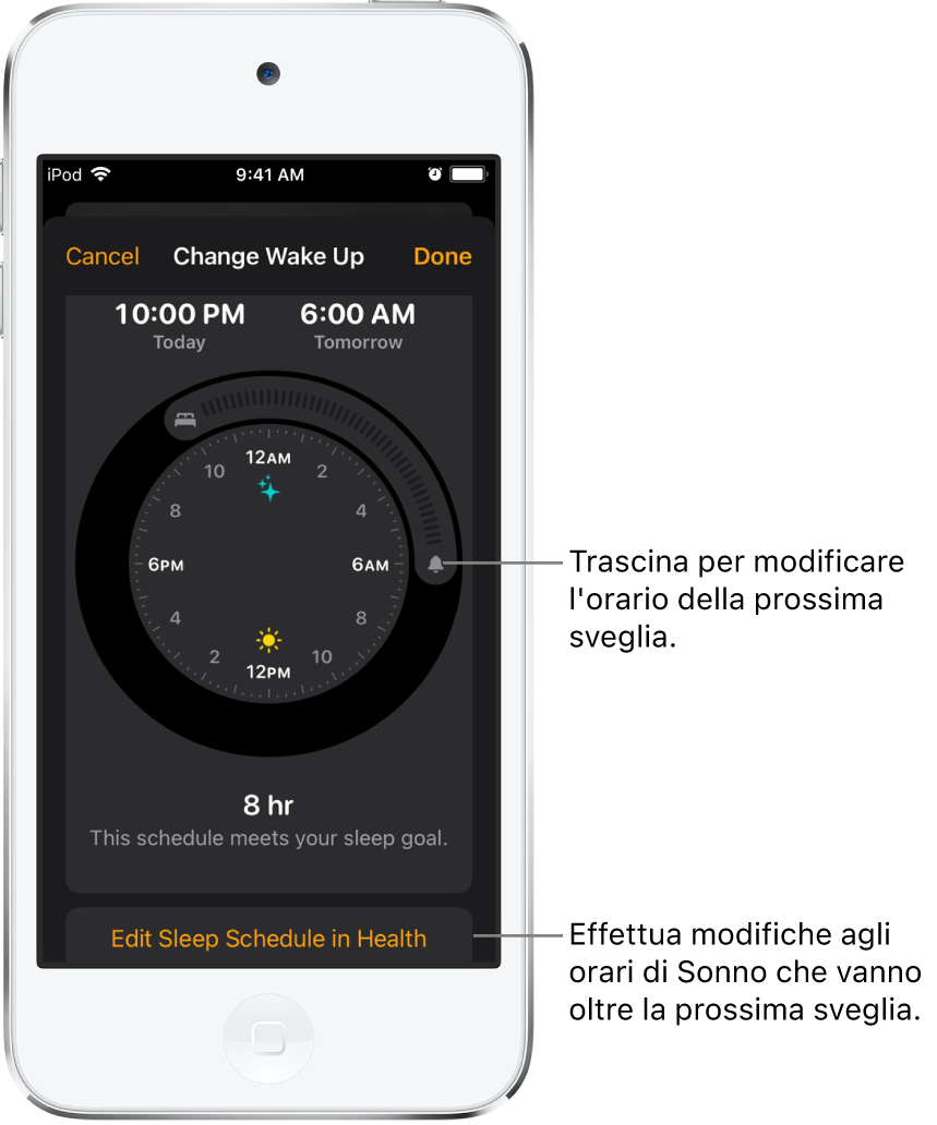 Una schermata per modificare la sveglia di domani, con pulsati da trascinare per modificare l'orario in cui andare a letto e in cui svegliarsi e un pulsante per modificare l'orario programmato per il sonno nell'app Salute.