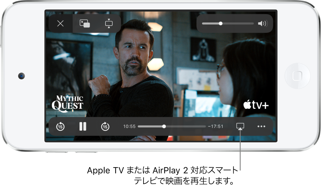 iPod touchの画面で再生中の映画。画面下部には再生コントロールが並んでいて、右下付近にAirPlayボタンがあります。