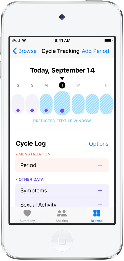 「周期記録」画面。画面の上部に1週間のタイムラインが表示されています。タイムラインの最初の4日間は紫のドットでマークされ、最後の5日間は薄青色になっています。タイムラインの下には、月経や症状などの情報を追加するオプションがあります。