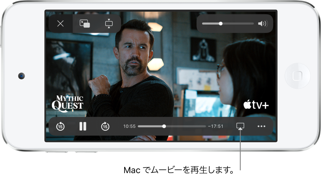 iPod touchの画面で再生中の映画。画面下部には再生コントロールが並んでいて、右下付近にAirPlayボタンがあります。