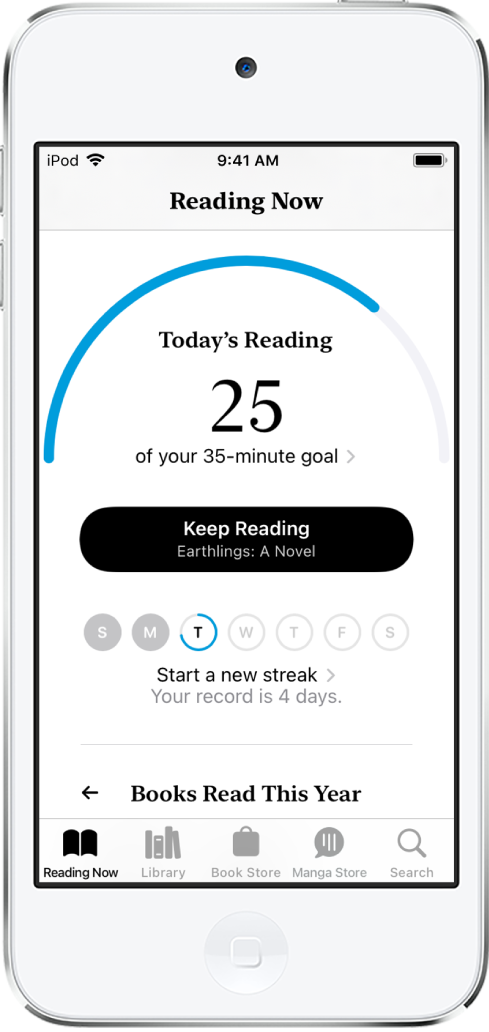 「今すぐ読む」の「読書目標」セクション。読書カウンターは読書目標の10分間のうち6分間が経過したことを示しています。カウンターの下には「読書を続ける」ボタンがあり、丸い印は日曜日から土曜日までの各曜日を表しています。火曜日の丸は青く縁取られており、その日の進み具合を表しています。