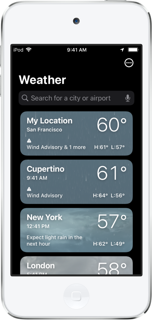 都市のリスト。それぞれの都市の時刻、現在の気温、天気予報、最高/最低気温が表示されています。画面上部は検索フィールドになっていて、右上には「その他」ボタンが表示されています。