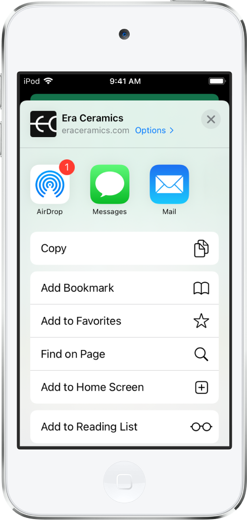 공유 메뉴. 상단에는 링크 공유에 사용할 수 있는 앱이 있음. 아래에는 책갈피 추가, 즐겨찾기에 추가, 페이지에서 찾기, 홈 화면에 추가, 읽기 목록에 추가를 포함한 기타 옵션 목록이 있음.