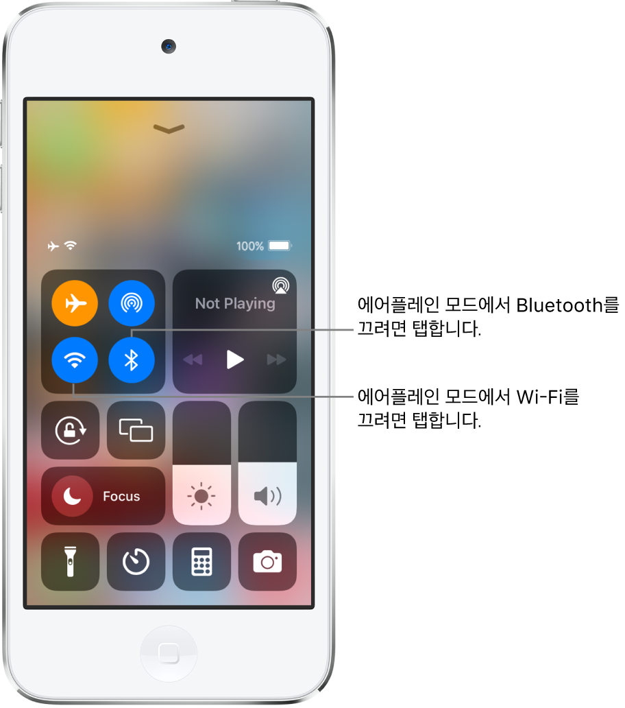 에어플레인 모드가 켜진 제어 센터. 제어기의 왼쪽 상단 그룹에 Wi-Fi 버튼(왼쪽 하단)과 Bluetooth 버튼(오른쪽 하단)이 있음.