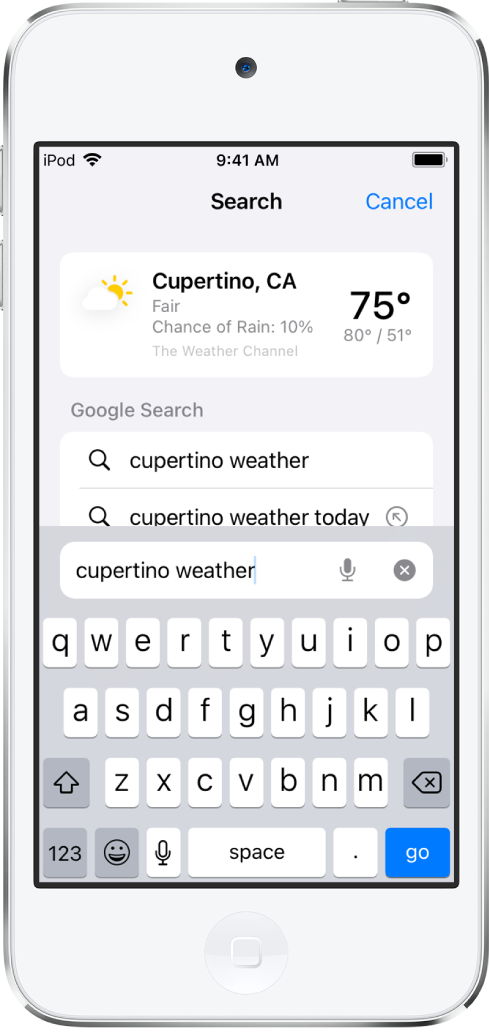 화면 하단에 ‘cupertino weather’라는 텍스트가 입력된 Safari 검색 필드가 있음. 화면 상단에는 쿠퍼티노의 현재 날씨와 기온을 결과로 보여주는 날씨 앱이 있음. 그 아래에는 Google 검색 결과가 표시됨. 각 결과의 오른쪽에는 해당 검색 결과 페이지로 링크되는 화살표가 있음.