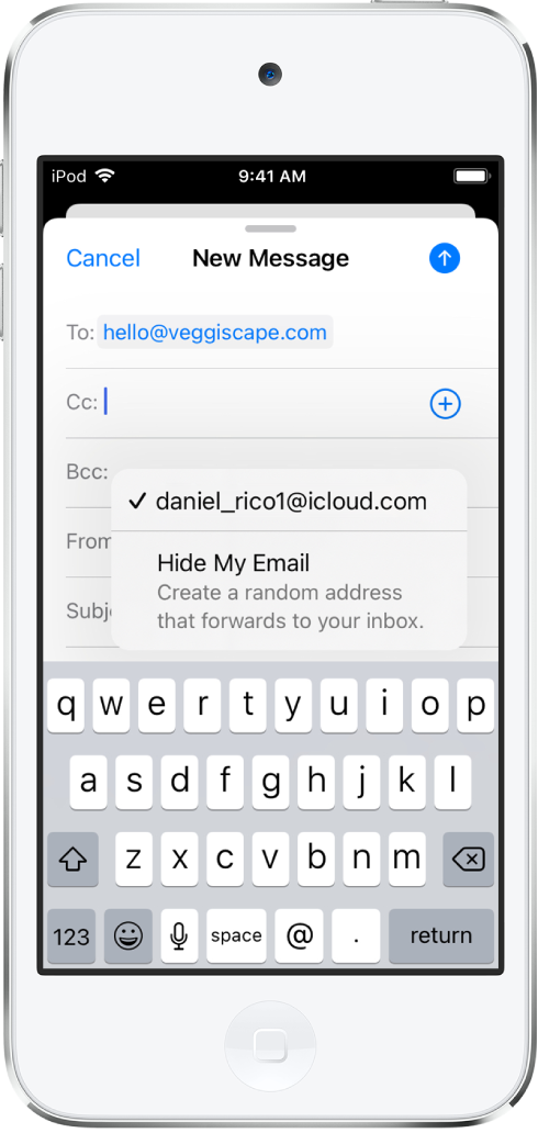 Een concept-e-mail die wordt opgesteld. Het veld 'Van' is geselecteerd, met daaronder twee opties: een persoonlijk e-mailadres en 'Verberg mijn e-mailadres'.