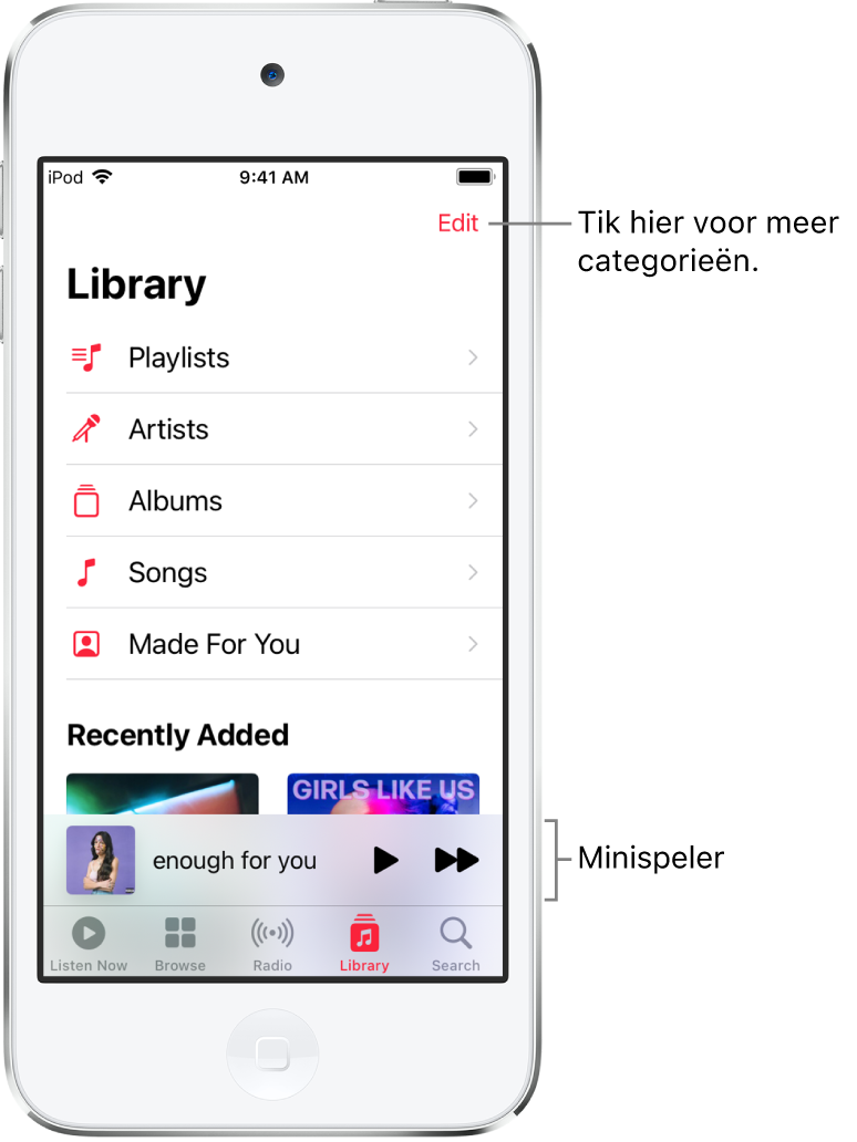 Het Bibliotheek-scherm met een lijst categorieën, waaronder 'Afspeellijsten', 'Artiesten', 'Albums' en 'Nummers'. De kop 'Pas toegevoegd' wordt onder de lijst weergegeven. In de minispeler zie je de titel van het huidige nummer, met de knoppen 'Speel af' en 'Volgende' onderin.