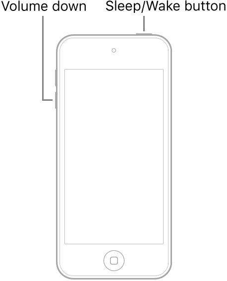 Een illustratie van een iPod touch met het scherm naar boven gericht. De sluimerknop bevindt zich aan de bovenkant van het apparaat en de volume-omlaagknop bevindt zich aan de linkerkant van het apparaat.