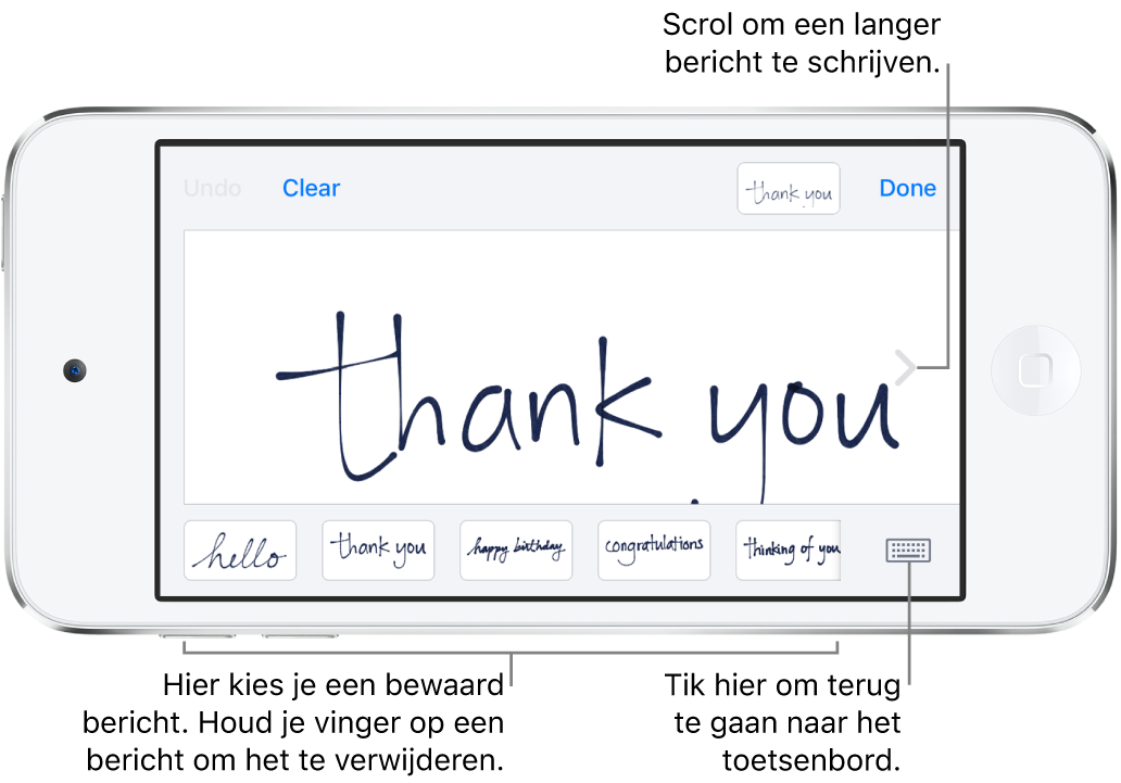 Het handschriftscherm met een handgeschreven bericht. Onderin bevinden zich van links naar rechts bewaarde berichten en de knop voor het weergeven van het toetsenbord.