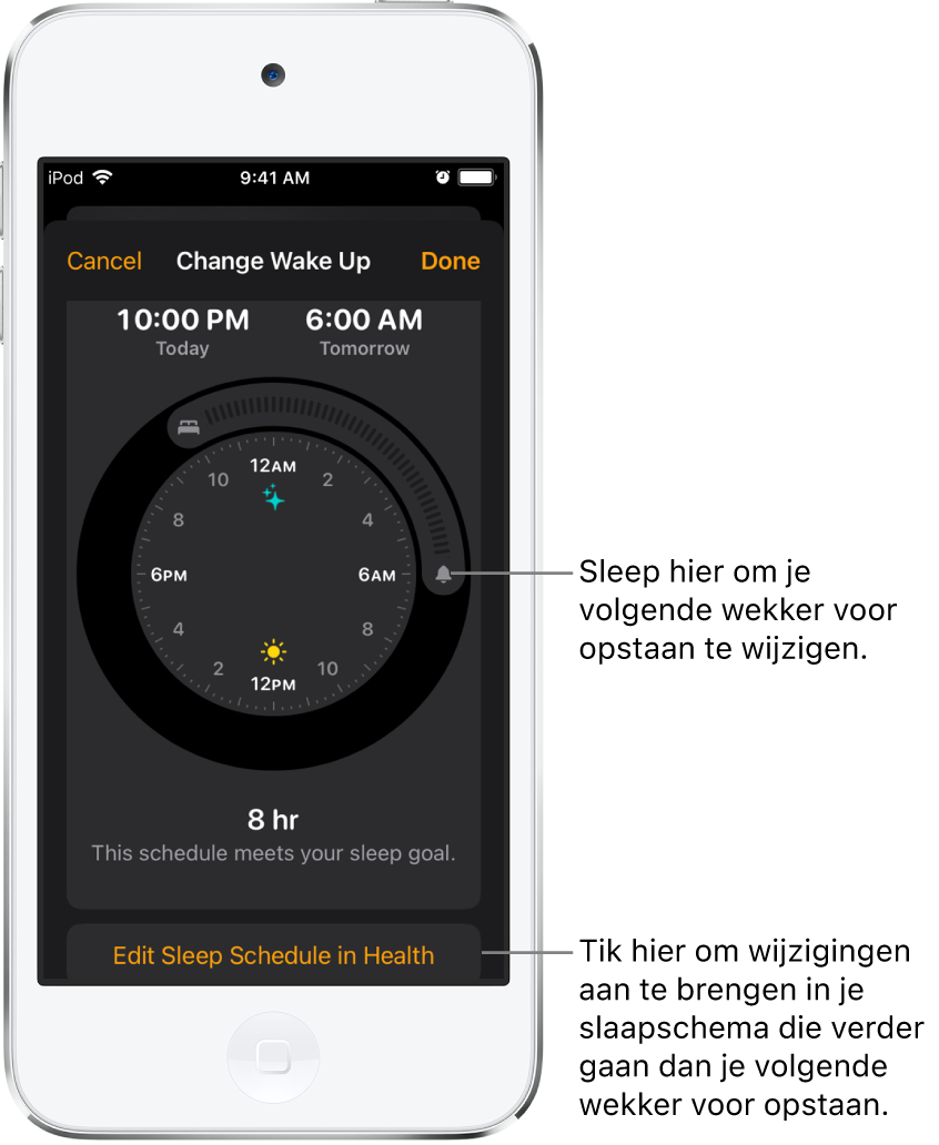 Een scherm voor het wijzigen van de wekker voor opstaan voor morgen, met knoppen voor het wijzigen van de bedtijd en wektijd en een knop voor het wijzigen van het slaapschema in de app Gezondheid.