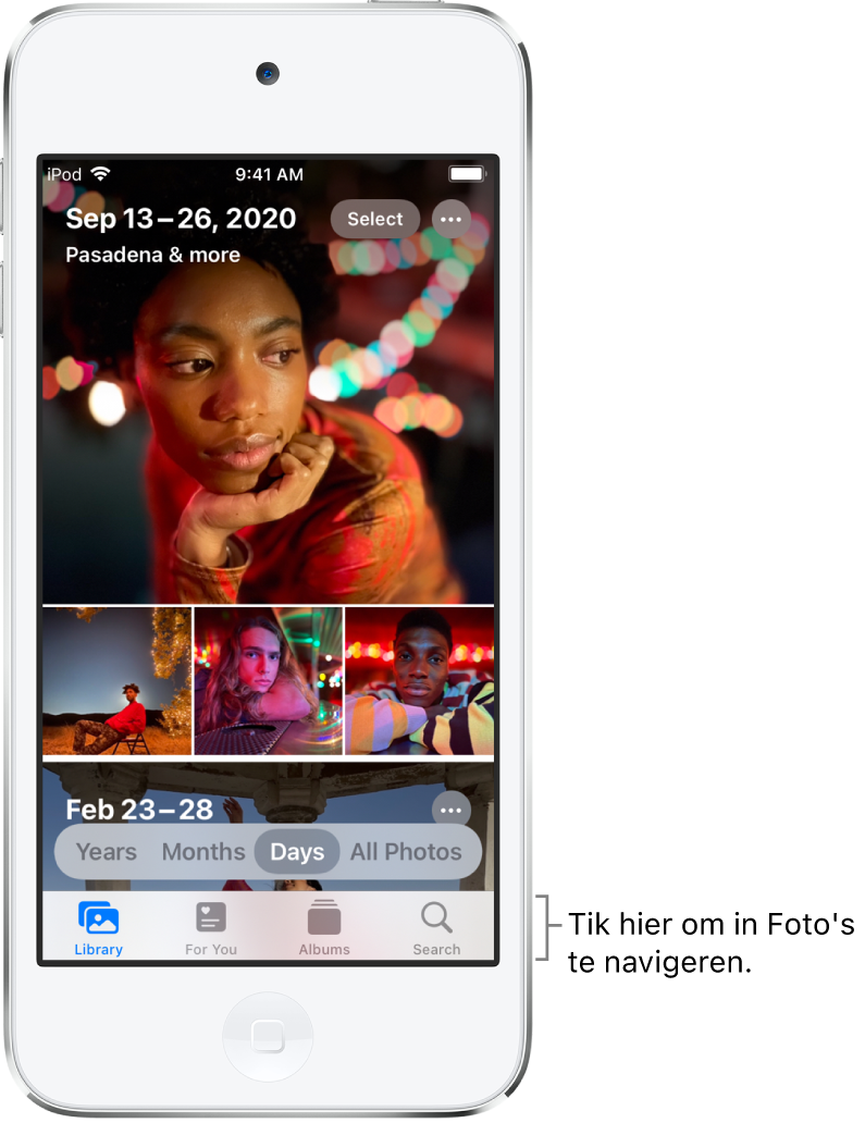 De fotobibliotheek in de weergave 'Dagen'. Een selectie van fotominiaturen vult het scherm. Linksboven in het scherm is te zien op welke datum en welke locatie de foto's zijn genomen. Rechtsboven staan de knoppen 'Selecteer' en 'Meer opties'. Onder de miniaturen staan opties om de fotobibliotheek in de weergaven 'Jaren', 'Maanden', 'Dagen' en 'Alle' te zien. Onder in het scherm zie je de knoppen 'Bibliotheek', 'Voor jou', 'Albums' en 'Zoek'.