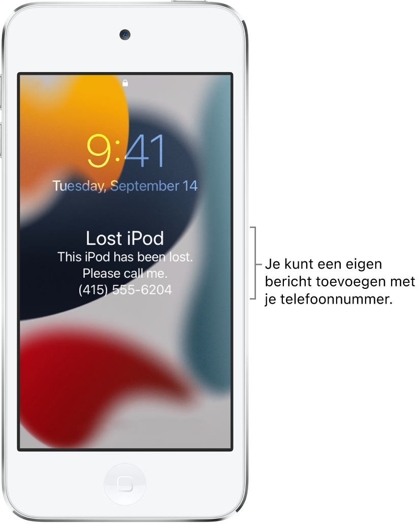 Het toegangsscherm van een iPod met het bericht: "Verloren iPod. Ik ben deze iPod kwijt. Bel me alsjeblieft. (415) 555-6204." Je kunt een eigen bericht toevoegen met je telefoonnummer.