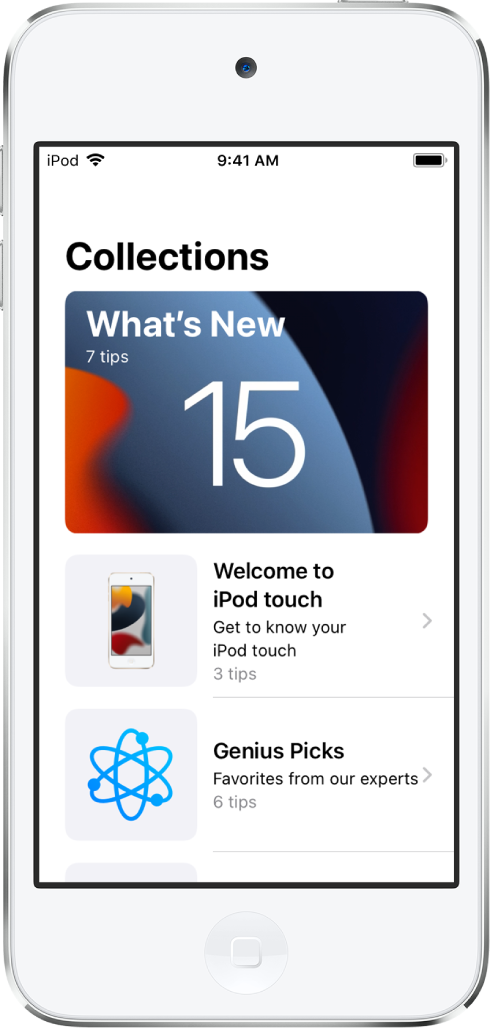 Een scherm met verzamelingen Tips met pijltjes naar rechts om aan te geven dat je op een verzameling kunt tikken om de tips daarin te bekijken.