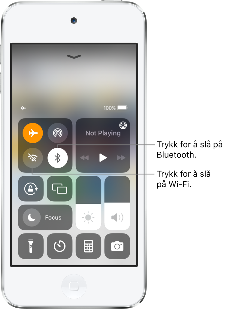 Kontrollsenter med flymodus på. Knappene for å slå på Wi‑Fi og Bluetooth vises nær toppen av skjermen til venstre i Kontrollsenter.