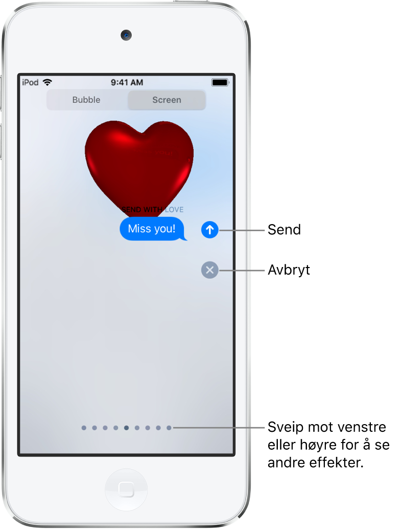 En meldingsforhåndsvisning som viser en fullskjermseffekt med et rødt hjerte.