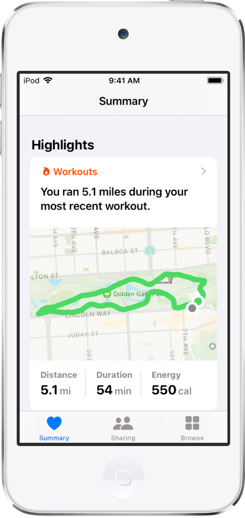 En Oversikt-skjerm som viser ruten til en løpetur på 5,1 miles som et hovedpunkt.