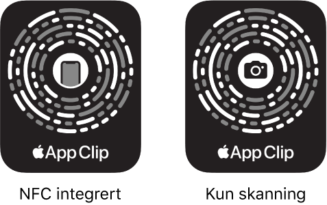 Til venstre vises en NFC-integrert appklippkode med et iPhone-symbol i midten. Til høyre vises en appklippkode som skal skannes, med et kamerasymbol i midten.