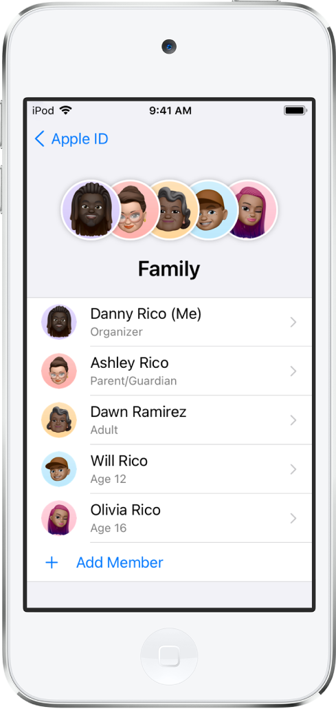 Familiedeling-skjermen i Innstillinger. Fem familiemedlemmer vises i listen, og Legg til familiemedlem vises nederst på skjermen.